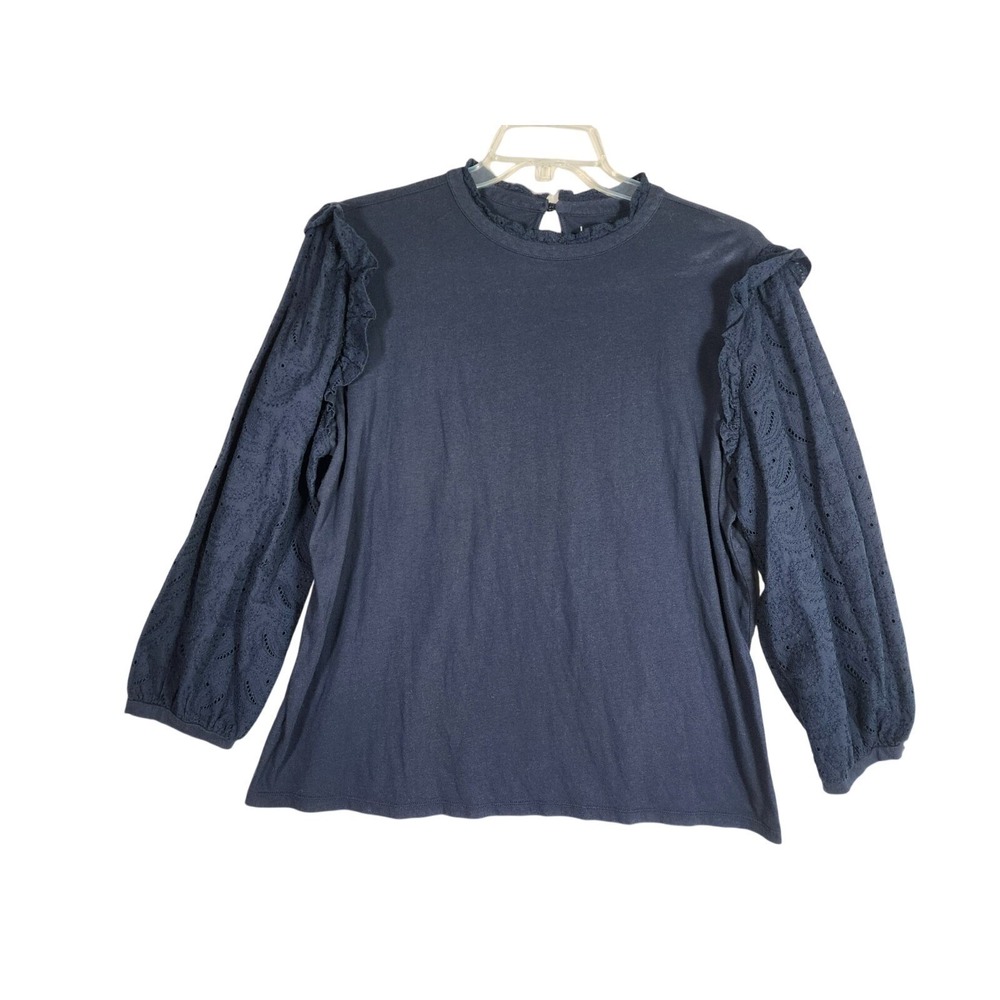 LOFT Outlet XL Navy Blue Eyelet Puff Sleeve Blouse Cottagecore Boho Top Peasant